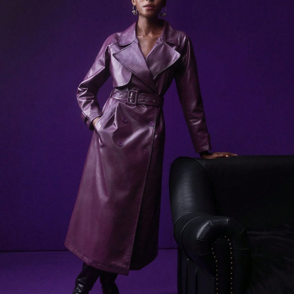 PURPLE PREPPY WOMENS PU LEATHER BELTED TRENCH COATS - Picture 2 of 5